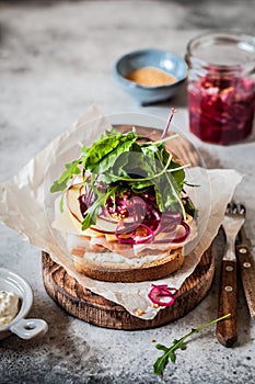 Ham and Pickeled Red Onion Open Sandwich