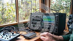 Ham radio operator in snowy winter landscape using communication device