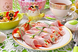 ham rolls stuffed with cheese and vegetables for easter breakfast