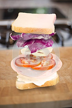 Ham sandwich with ingredients floating