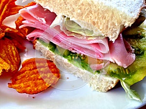 Ham sandwich with sweet potato chips