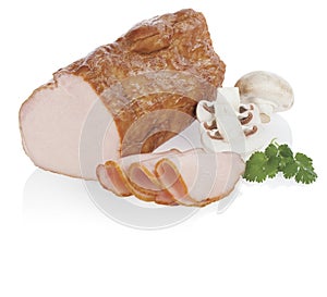 Ham with slices and muschrooms isolated on white background