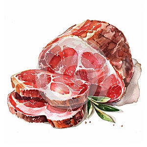 Ham and thinly sliced pieces. Watercolor isolated illustration on white background. Sausage products. Food and meat.