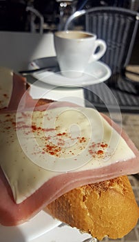 Ham toast with sliced cheese sprinkled with Pimenton de la Vera photo