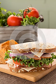 Ham Turkey Sandwich With Lettuce and Tomatoes