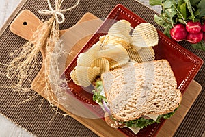 Ham Turkey Sandwich With Potato Chips and Radishes