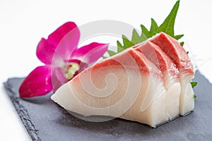 Hamachi Sashimi : Sliced Raw Hamachi Yellowtail Fish Served with Sliced Radish on Stone Plate