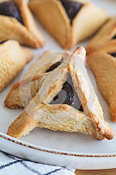 Hamantaschen cookies with chocolate for purim. Traditional Jewish dessert