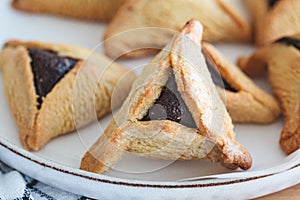 Hamantaschen cookies with chocolate for purim. Traditional Jewish dessert