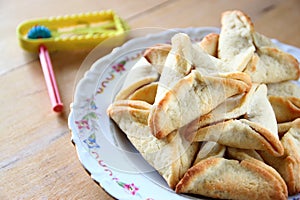 Hamantaschen cookies or hamans ears for Purim celebration (jewish holiday)