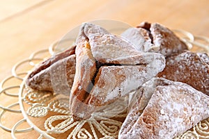 Hamantaschen cookies or hamans ears Purim celebration (jewish holiday). filtered image