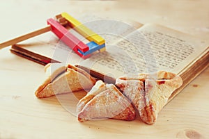 Hamantaschen cookies or hamans ears Purim celebration (jewish holiday). selective focus