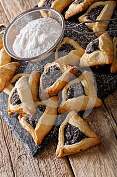 Hamantaschen cookies or hamans ears traditional Jewish sweet closeup. vertical