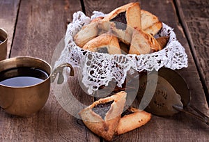 Hamantaschen cookies for Purim and coffee in