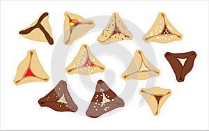 Hamantaschen - jewish traditional cookies for Purim on a white background- Oznei Haman