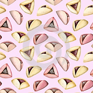 Hamantaschen Purim cookies seamless pattern with watercolor Haman ears dessert on light pink background