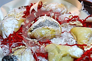 Hamantash or Hamantasch hebrew - ozen Haman cookies for Purim. Purim - Jewish festival, holiday of Israel