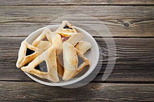 Hamantashen cookies, traditional sweets for Jewish holiday of Purim. Triangular cookies