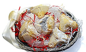 Hamantashen or Hamantaschen hebrew - ozen Haman cookies for Purim. Purim - Jewish festival, holiday of Israel. White background
