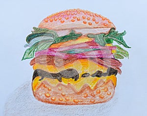 Hamberger drawing on white paper background.Look beautiful and tasty. photo