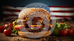 Hamberger with a USA flag background. AI Generated.