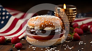 Hamberger with a USA flag background. AI Generated.