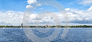 Hamburg Alster Skyline With TV Tower On The Horizon And Sailing Ships On The Water - Panoramic View