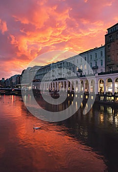 Hamburg city center at beautiful sunset