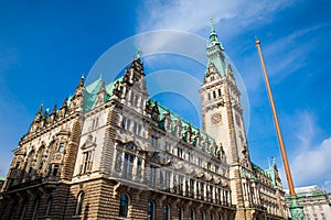 Hamburg City Hall buildiing located in the Altstadt quarter in the city center at the Rathausmarkt square