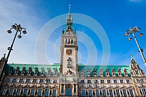 Hamburg City Hall buildiing located in the Altstadt quarter in the city center at the Rathausmarkt square