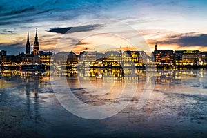 Hamburg cityscape with Alster Lake at sunset