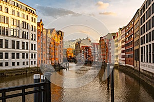 Hamburg downtown area, Speicherstadt warehouse district at sunset. Germany. Popular tourist destination