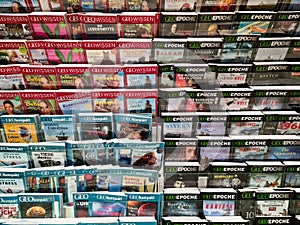 Hamburg, Germany 02. Feburary 2024: View of numerous Geo brand magazines in a bookstore at Hamburg airport