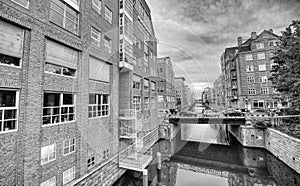 Hamburg, Germany - July 20, 2016: Medieval city buildings along the canals