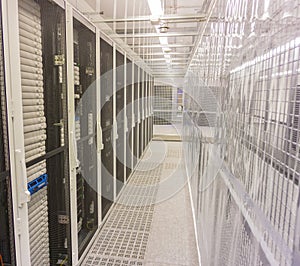 Hamburg, Germany - June 25, 2018: Serverrack Network Hub and Switch in Data Center