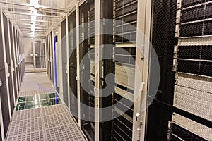 Hamburg, Germany - June 25, 2018: Serverrack Network Hub and Switch in Data Center