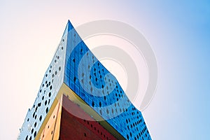 Hamburg, Germany - May 17, 2018: Corner or Edge of Elbphilharmonie. Wide angle - bright blue sky and sun light with