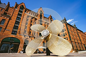 Hamburg, Germany - May 17, 2018: Giant four-blade ship propeller in front of the International Maritime Museum in