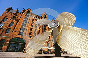 Hamburg, Germany - May 17, 2018: Giant four-blade ship propeller in front of the International Maritime Museum in