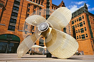 Hamburg, Germany - May 17, 2018: Giant four-blade ship propeller in front of the International Maritime Museum in