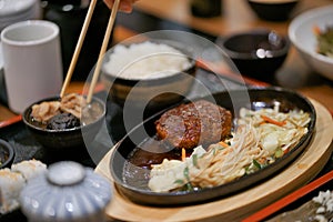 Hamburg. Japanese food with soft focus on the hamburg beef steak set