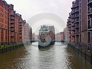 Hamburg landmark Wasserschloss. Old warehouses in Hafencity quarter in Hamburg.