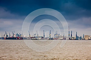 Hamburg port on a dark cloudy winter day