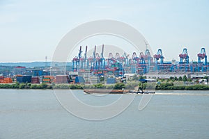 Hamburg port view. Elbe river landscape with container terminal