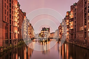 Hamburg`s Speicherstadt while morning with sun