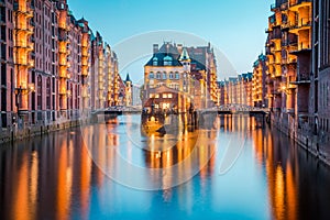 Hamburg Speicherstadt at twilight, Germany