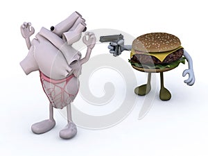 Hamburger with arms wielding gun to the human heart