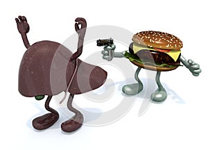 Hamburger with arms wielding gun to the human liver