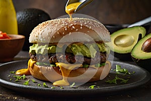 a hamburger with avocado sauce on it and avocado on the plate Avocado Bliss Crafting the Perfect Ch