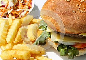 Hamburger with beef, cheese and vegetables on white plate with french fries and salad onside. Closeup with copy space.
